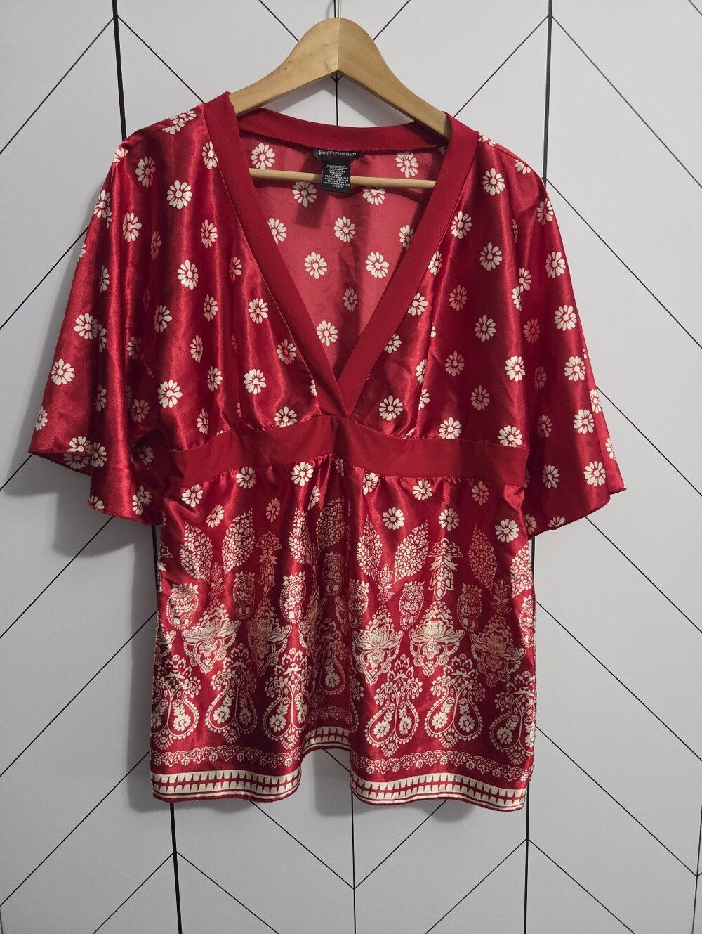 VTG Y2K Hot Tempered Silky Red Paisley Floral Babydoll / Kimono Blouse, Size XL